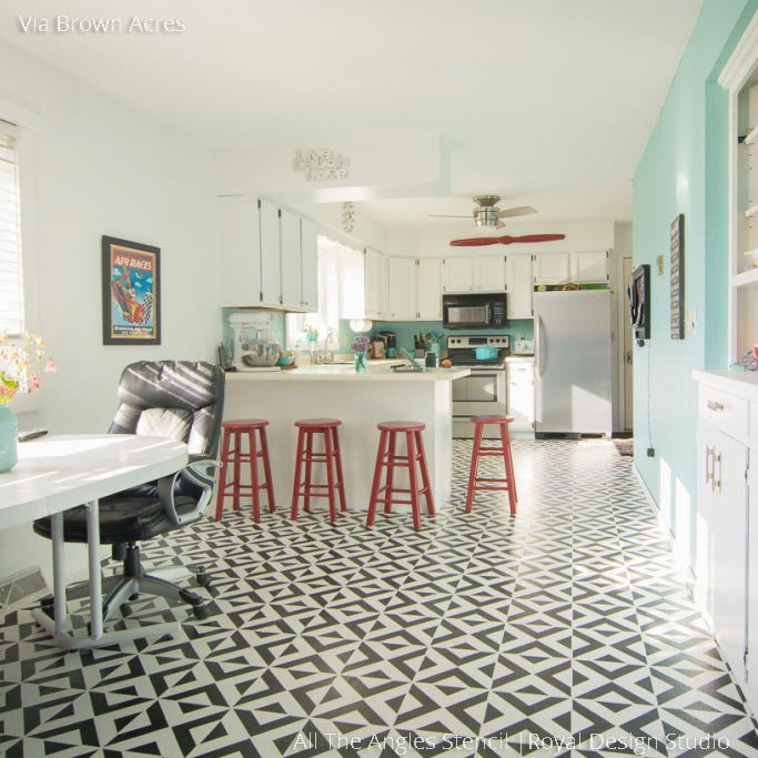Black and White Retro Painted Kitchen Floor with DIY Stencils - All the Angles Moroccan Floor Stencils - Royal Design Studio