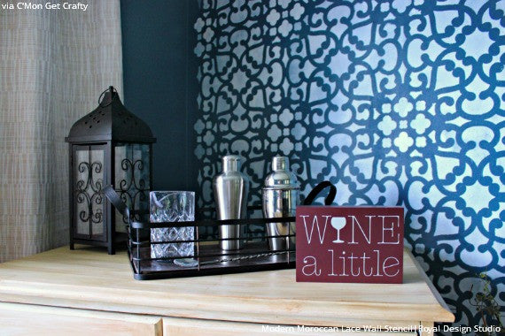 Metallic Navy Blue Accent Wall in Dining Room Makeover - Trendy Designer Modern Moroccan Lace Wall Stencils - Royal Design Studio