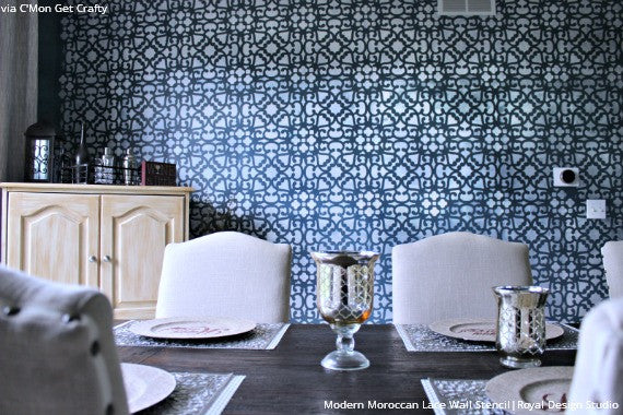 Metallic Navy Blue Accent Wall in Dining Room Makeover - Trendy Designer Modern Moroccan Lace Wall Stencils - Royal Design Studio