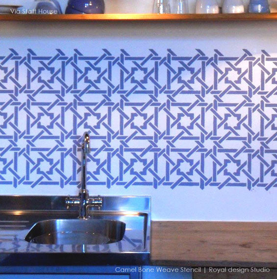 Decorate your kitchen with painted backsplash walls - Moroccan stencils camel bone weave geometric and exotic pattern - Royal Design Studio