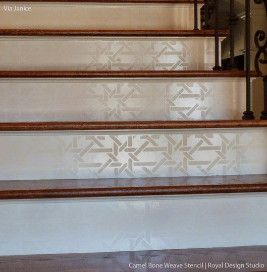 Painted stairs with tone on tone finsih - Moroccan stencils camel bone weave geometric and exotic pattern - Royal Design Studio