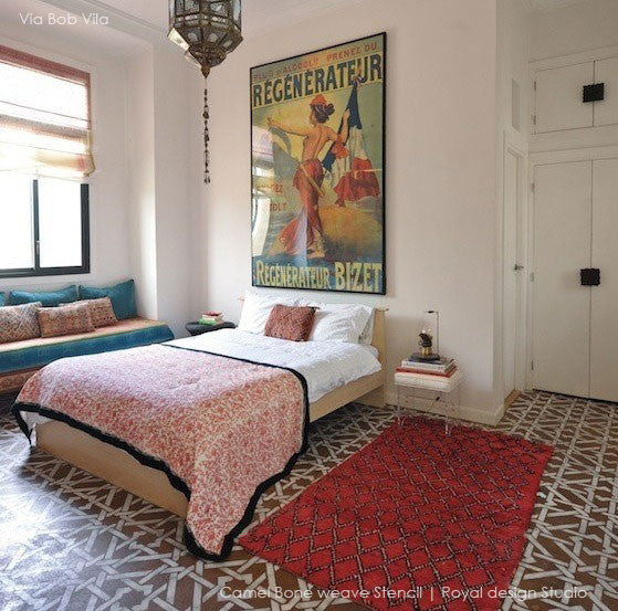 Painted Concrete Floor Ideas - Moroccan stencils camel bone weave geometric and exotic pattern - Royal Design Studio