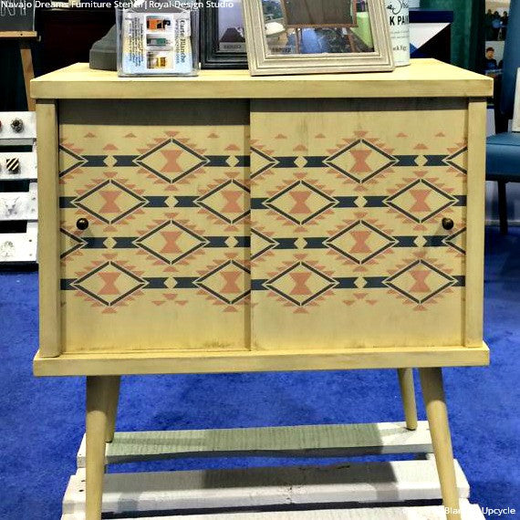 Painted and Stenciled Cabint with Geometric Tribal Designs - Navajo Dreams Damask Furniture Stencils - Royal Design Studio