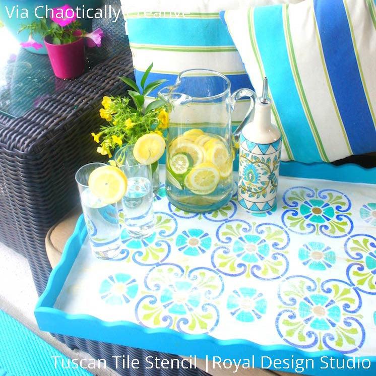 Colorful Summer Time Serving Tray for Outdoor Party Decor - Tuscan Tile Stencils - Royal Design Studio