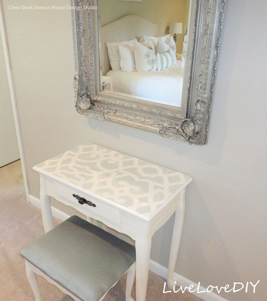 Elegant Home Decor - Chez Sheik Moroccan Stenciled Furniture, Desk, Table Tops, Dresser Drawers - Royal Design Studio DIY Stencil Projects and Furniture Fix Ups