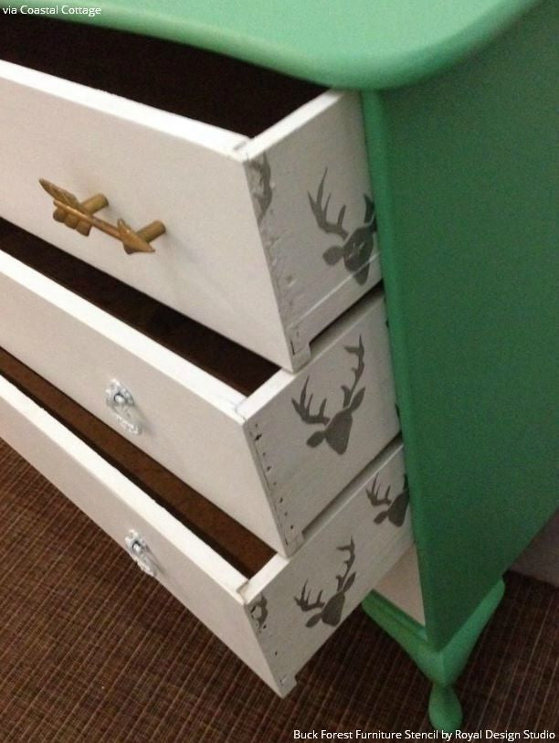 Colorful Dresser Drawers Makeover using Deer Head Furniture Stencils and Pattern - Royal Design Studio