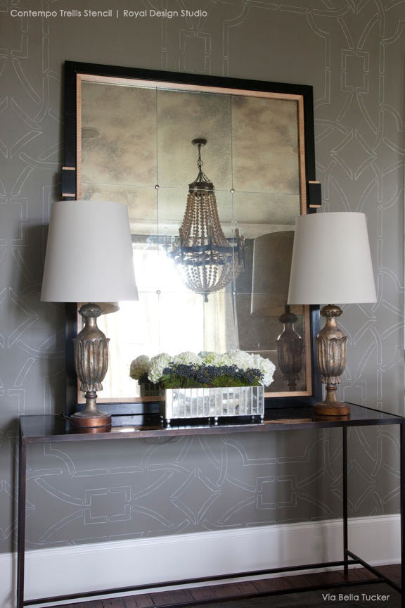 Gray and White Modern and Contemporary Home Decor - Contempo Trellis Wallpaper Wall Stencils - Royal Design Studio