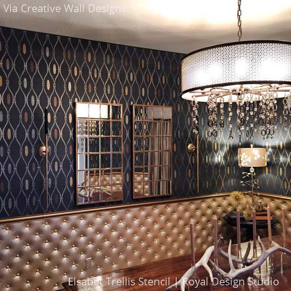 Dramatic and Elegant Dining Room Makeover Decorated with DIY Wallpaper Stencils - Elsabet Trellis Wall Stencils - Royal Design Studio
