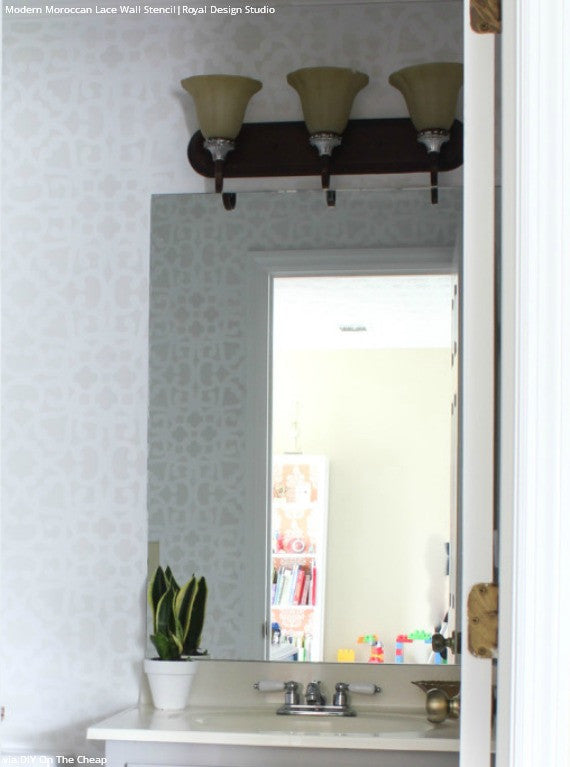 Chic White Bathroom Makeover with Pattern - Modern Moroccan Lace Wall Stencils - Royal Design Studio
