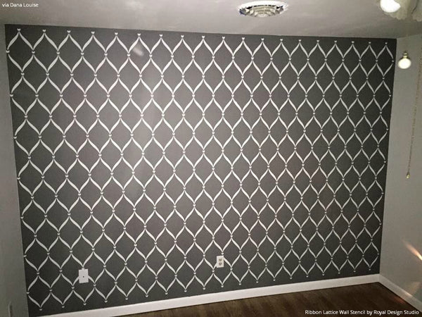 Dark Gray and White Contrast Accent Wall - Ribbon Lattice Wall Stencils - Royal Design Studio