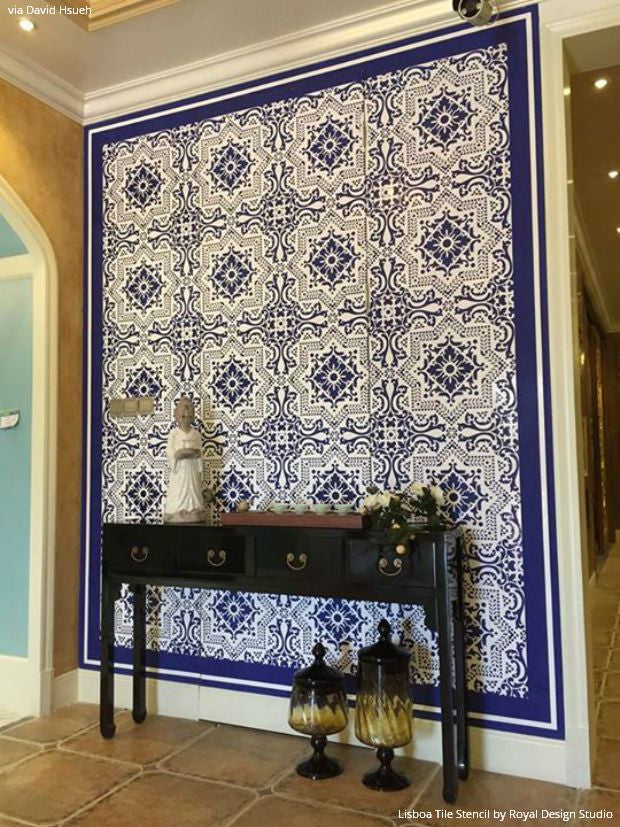 Blue and White Designer Wall Art on Entry Wall Walls - Lisboa Tile Stencils for DIY Decorating - Royal Design Studio