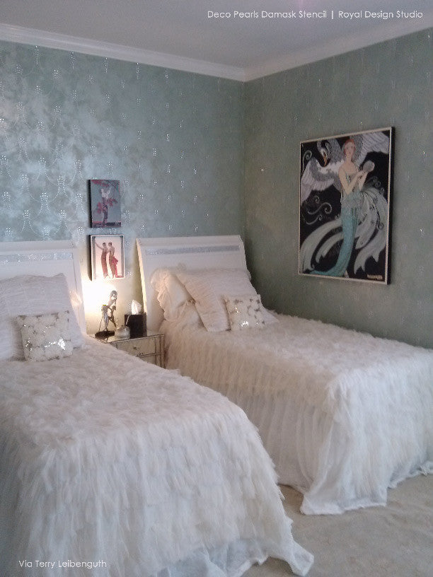 Elegant Girls Room Makeover - Metallic Art Deco Allover Wall Stencils - Deco Pearls Damask Wall Stencils - Royal Design Studio
