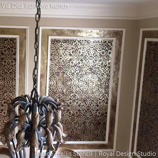 Elegant Metallic Wall Art Painted with Palace Trellis Moroccan Wall Stencils - Royal Design Studio