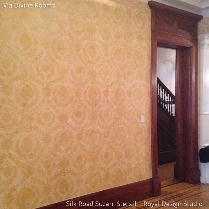 Hallway Makeover with Designer Wallpaper Stencils and Suzani Print Design - Royal Design Studio