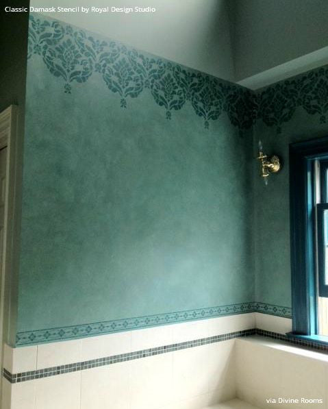 DIY Border Pattern in Bathroom using Classic Damask Wall Stencils - Royal Design Studio