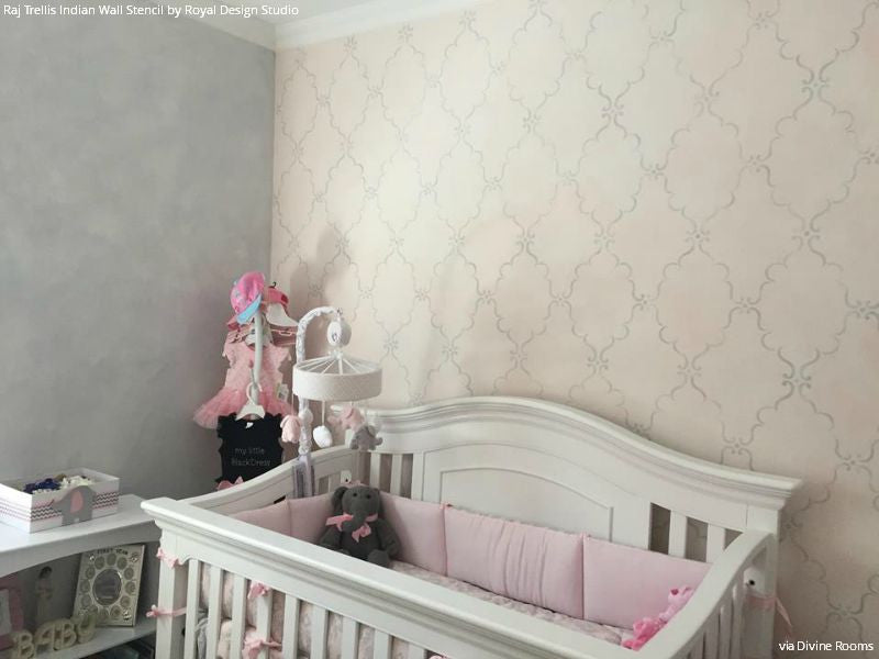 Cute Pink and Neutral Girls Nursery Decor - Raj Trellis Indian Wall Stencils on Accent Wall - Royal Design Studio