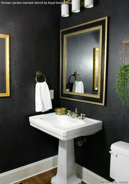 Paint Your Bathroom Walls with Dark Paint and Persian Garden Damask Wall Stencils - Royal Design Studio