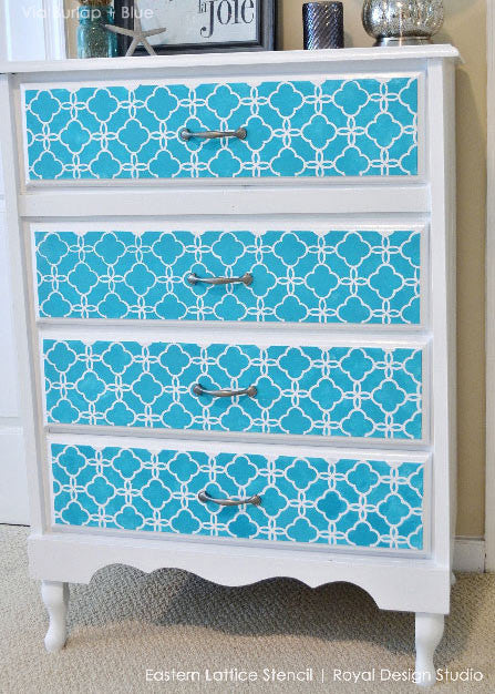 Painting Dresser Drawers with Pattern - Eastern Lattice Moroccan Furniture Stencils - DIY Stenciled Dresser Drawers for Custom Furniture Patterns - Royal Design Studio