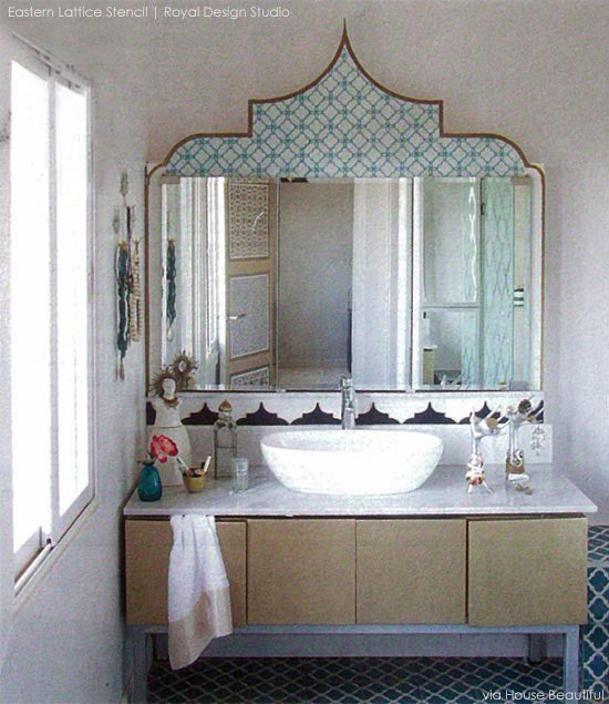 Eastern Lattice Moroccan Furniture Stencils - DIY Stenciled Bathroom Vanity for Custom Furniture Patterns - Royal Design Studio