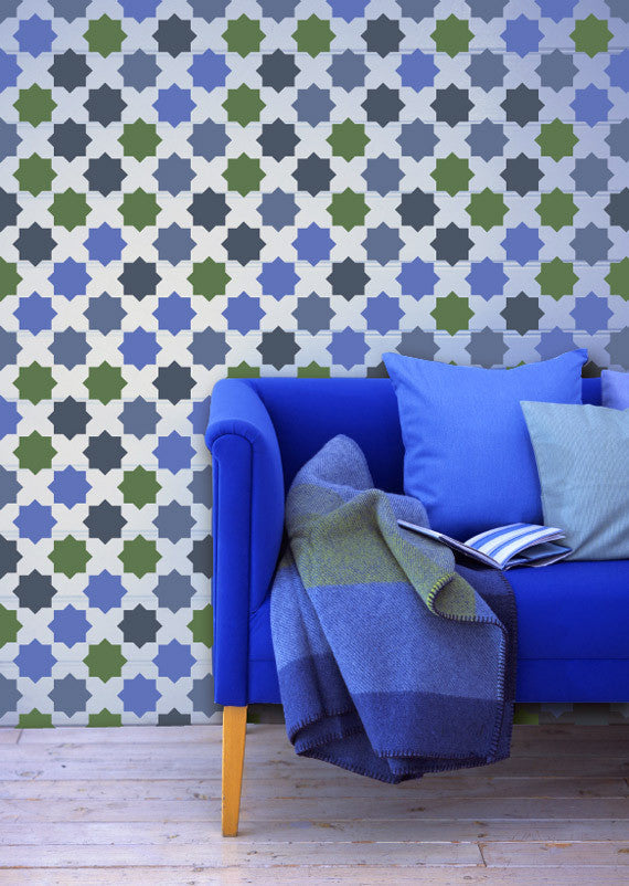 Colroful Living Room Makeover using Moroccan Stencils Eight Pointed Stars Wall Stencils - Royal Design Studio