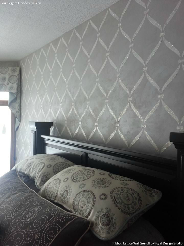 Designer Gray Bedroom Makeover and Painted Accent Wall - Ribbon Lattice Wall Stencils - Royal Design Studio