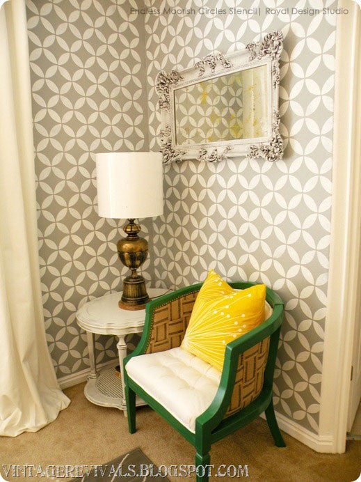 Gray and White Trendy Stenciled Walls - Royal Design Studio Endless Moorish Circles Moroccan Wall Stencils