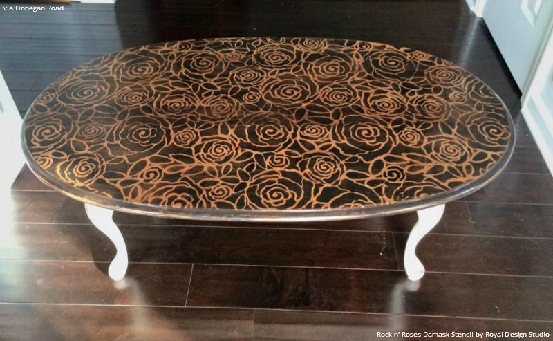 Wood Pattern Table Top Stained with Rockin Roses Damask Stencils - Royal Design Studio