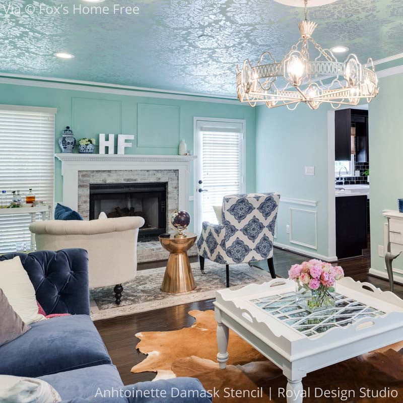FOX Home Free with Mike Holmes House Renovation and Living Room Makeover - DIY Painted Ceiling with Antoinette Damask Stencils - Royal Design Studio