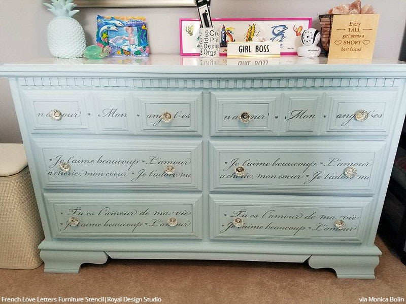 DIY French Phrase Painted Furniture Stencils Girls Room Idea - Royal Design Studio