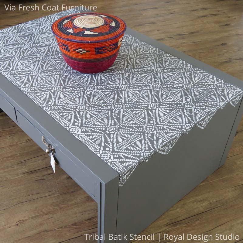 Gray and White Chalk Painted Furniture Project using Tribal Batik Furniture Stencils - Royal Design Studio