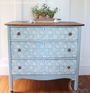 Decorating with Chalk Paint on Dresser Drawers - Allover Brocade Flowers Furniture Stencils for Stenciled Table Tops and Stenciled Dresser Drawers with Flower Patterns - Royal Design Studio