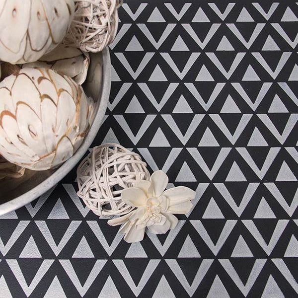 Black and White Table Top Makeover using Modern and Geometric Furniture Stencils