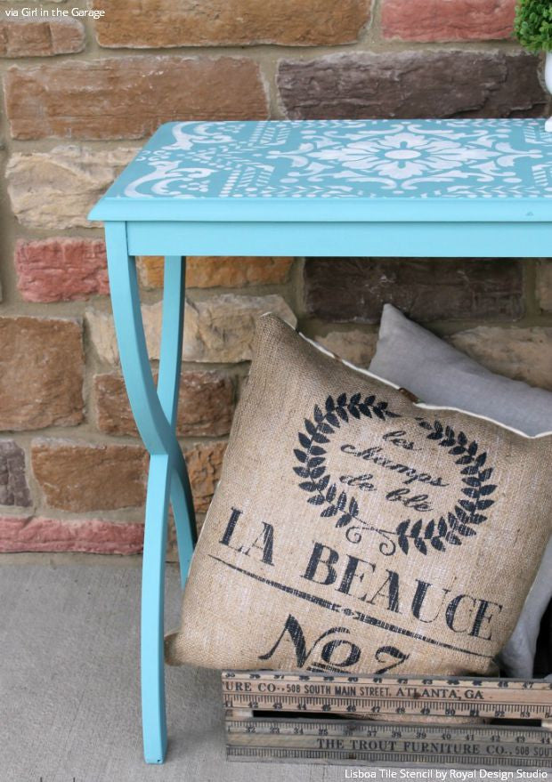 Tiffany Blue and White Chalk Paint Painted Furniture with Lisboa Tile Stencils - Royal Design Studio