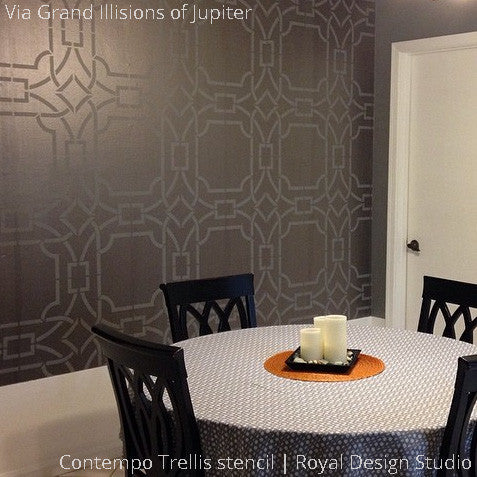 Metallic Gray Dining Room Painted Accent Wall Stenciled with Geometric Contempo Trellis Wall Stencils - Royal Design Studio