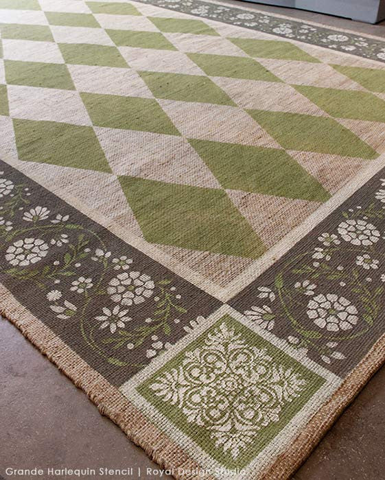 Classic Harelquin Pattern on DIY Painted Floor Rug - Harlequin Floor Stencils - Royal Design Studio