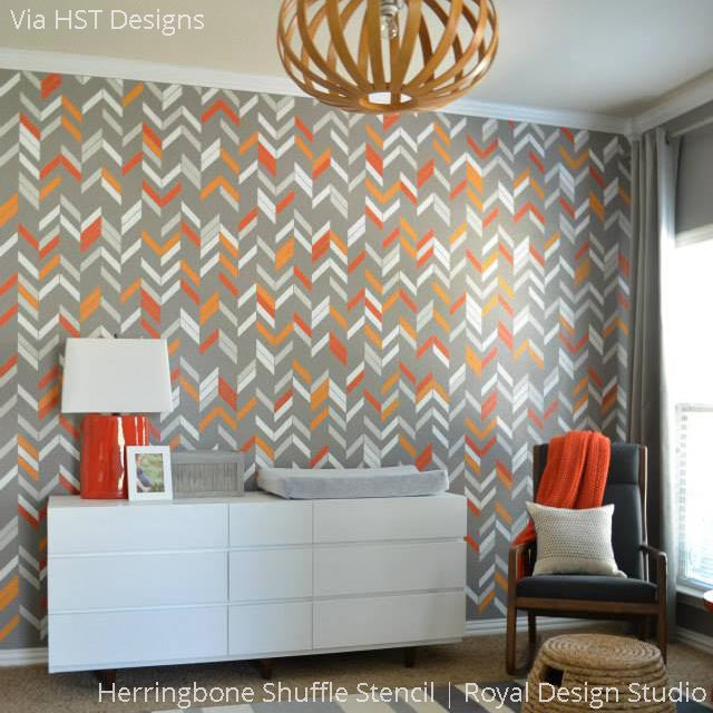 Orange and Gray Boys Nursery Room Decor with Painted Modern Herringbone Shuffle Wall Stencils - Royal Design Studio