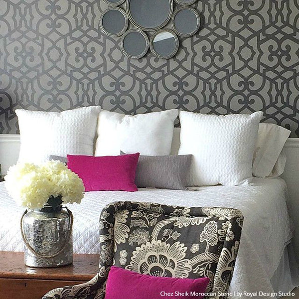 Trendy Designer Bedroom Makeover with Gray Stenciled Accent Wall and Fucshia Accents - Chez Sheik Moroccan Wall Stencils - Royal Design Studio