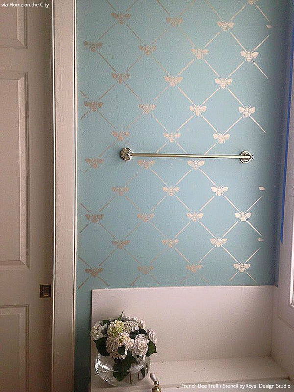 Pastel Blue and Metallic Silver Bathroom Makeover with Wallpaper Look - French Bee Trellis Wall Stencils - Royal Design Studio