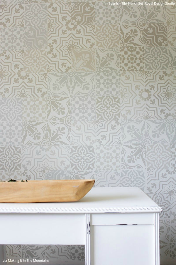 Boho Patterns Stenciled on Wall Decor - Royal Design Studio - Spanish Tile Stencil Set