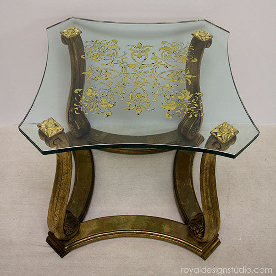 Reverse stenciled and gilded glass with Royal Stencil Size