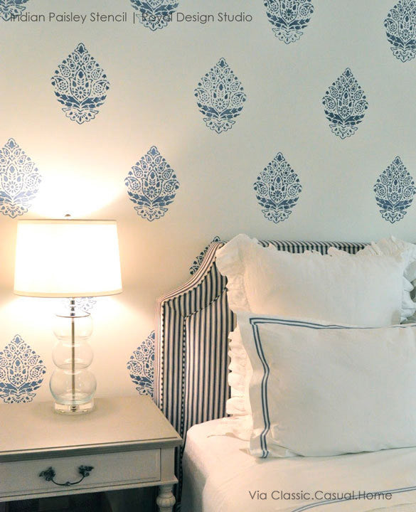 White and Blue Bedroom Makeover - Indian Pasley Wall Stencils by Royal Design Studio