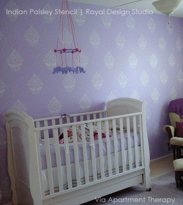 Indian Pasley Wall Allover Stencils in Trendy Purple Baby Nursery Decor by Royal Design Studio
