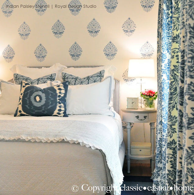 White and Blue Bedroom Makeover - Indian Pasley Wall Stencils by Royal Design Studio