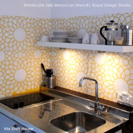 Colorful Stenciled and Painted Kitchen Backsplash DIY Project with Royal Design Studio Wall stencils