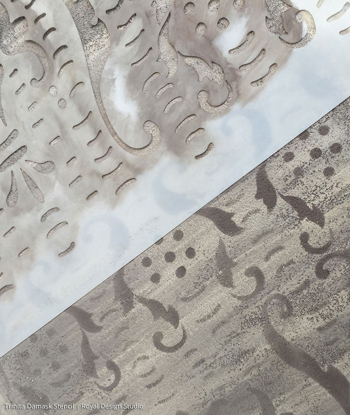 Damask Stencils Painted with Antique Finish - Trinita Damask Wall Stencils - Royal Design Studio