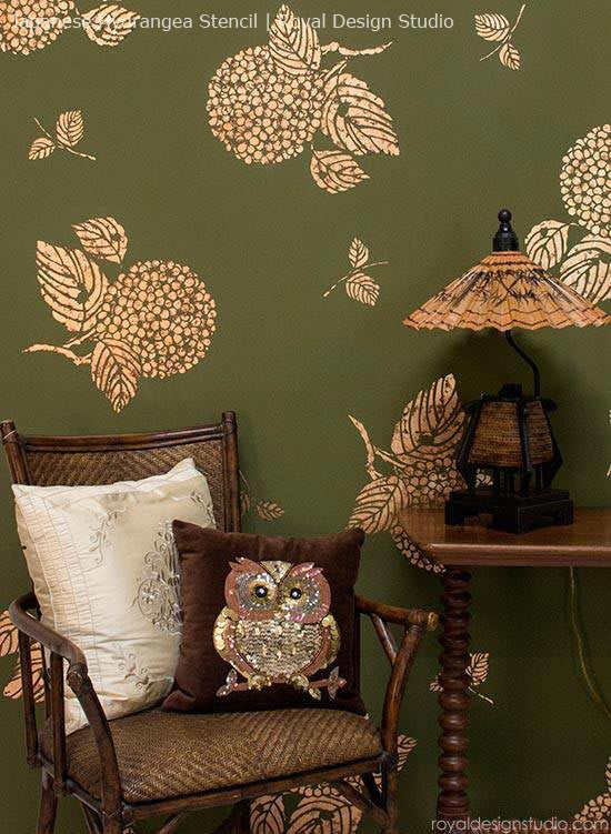 Japanese, Oriental, and Asian Hydrangea Flower Floral Wall Art Stencils - Cute Kids Room Nursery Decor - Royal Design Studio
