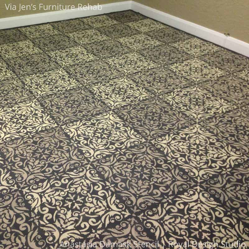Faux Tile DIY Painted Floor using Anastasia Damask Tile Stencils - Royal Design Studio