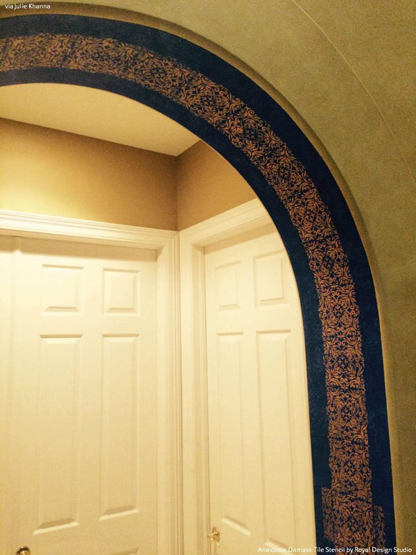 Faux Tile Border around Entry Ceiling using Anastasia Damask Tile Stencils - Royal Design Studio