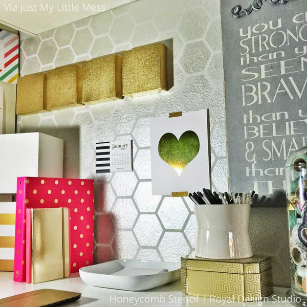 Metallic Silver Modern Wall Decor - Honeycomb Pattern Wall Stencils - Royal Design Studio