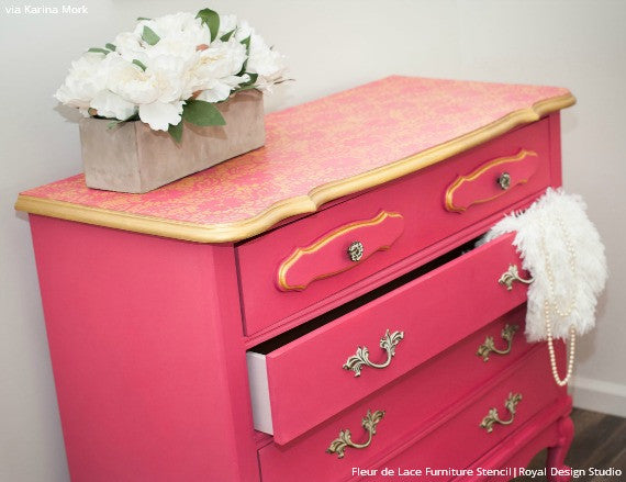 Bold and Colorful Pink and Gold Dresser Painted with Lace Flower Designs - Fleur de Lace Furniture Stencils - Royal Design Studio